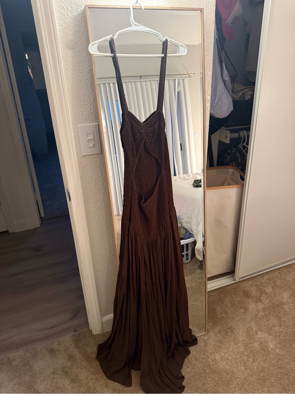 Aila Blue “Harlow” Smocked Maxi Dress (Cedar/brown) NWT